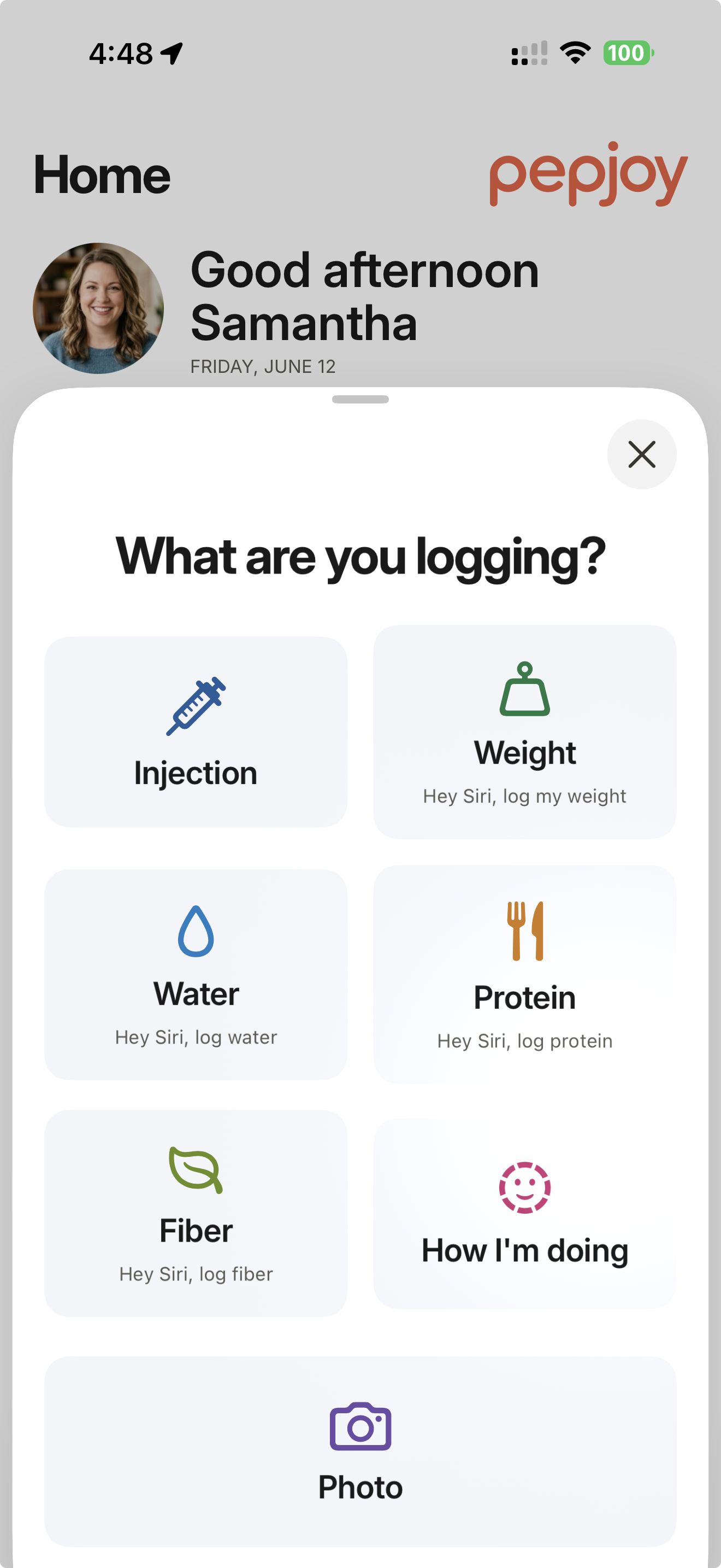The Pepjoy logging sheet asking What are you logging, with voice shortcuts like Hey Siri log my weight for weight, water, protein, and fiber.